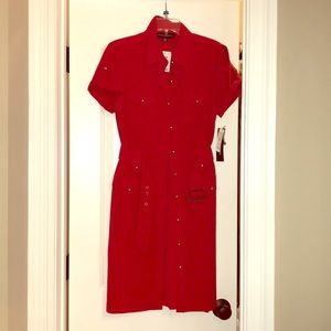 Belted red button dress